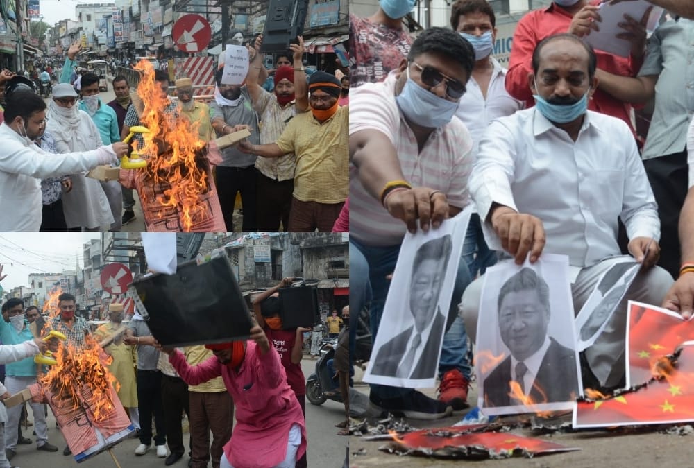 People protest against China in different districts of Uttar Pradesh.