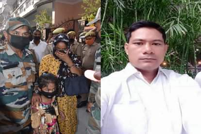 शहीद का फाइल फोटो और साइड में पत्नी व बेटी