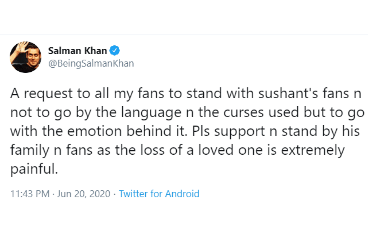 Salman Khan appeals to stand with Sushant Singh Rajput fans