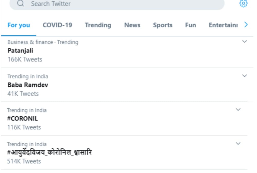 Patanjali Corona Medicine Trend on social Media after few Minutes of launched by Baba Ramdev
