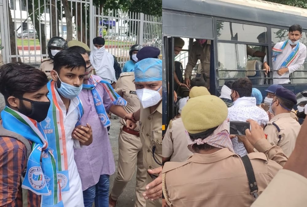 Students protest in Lucknow University to cancel the examination.
