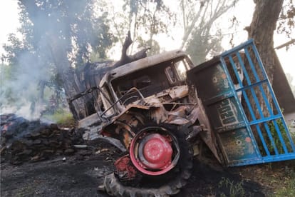 Truck carrying sugar bags dragged tractor-trolley on Meerut-Pauri highway, fire engulfed