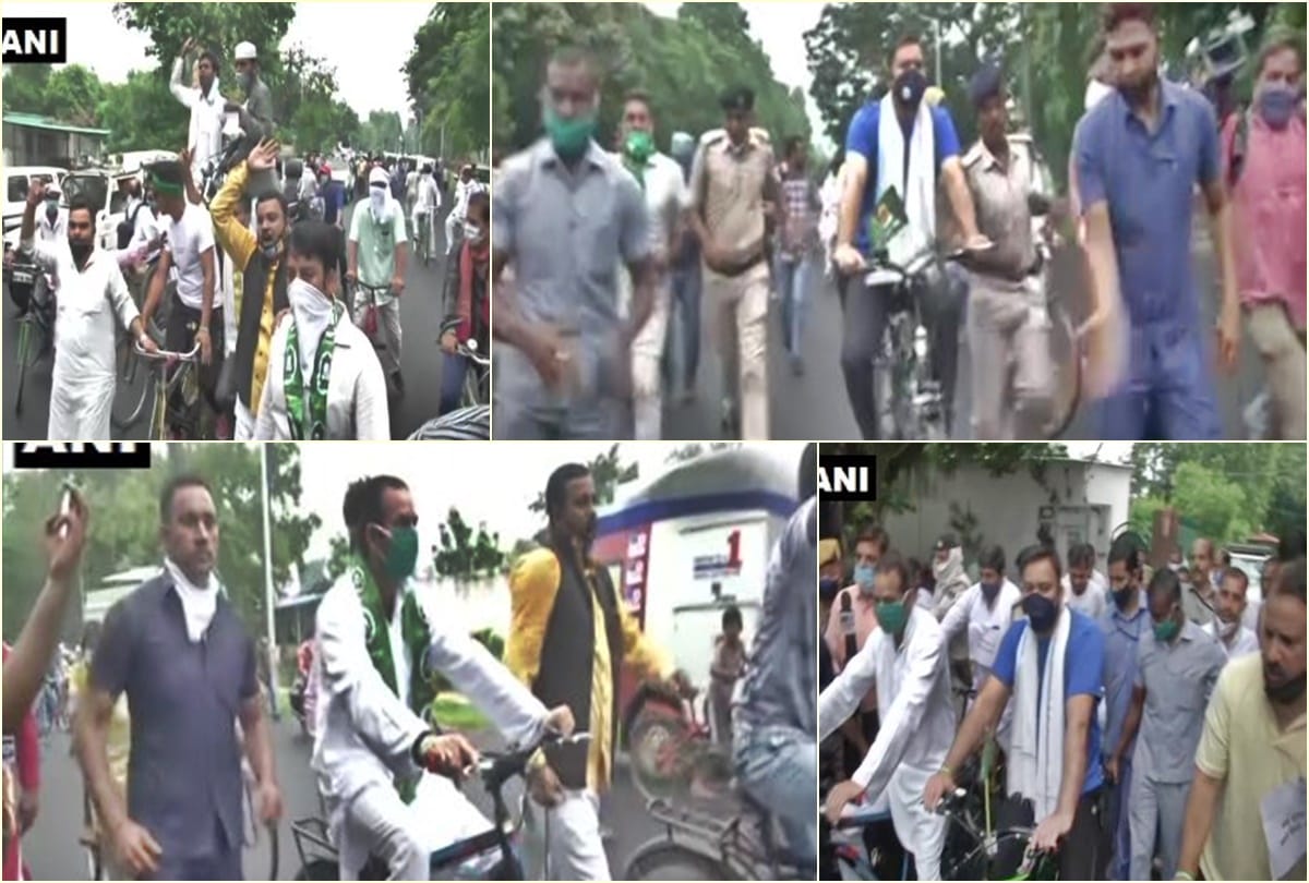 Patna RJD leaders Tejashwi Yadav, Tej Pratap Yadav party workers ride bicycles as a mark of protest against the increase in fuel prices