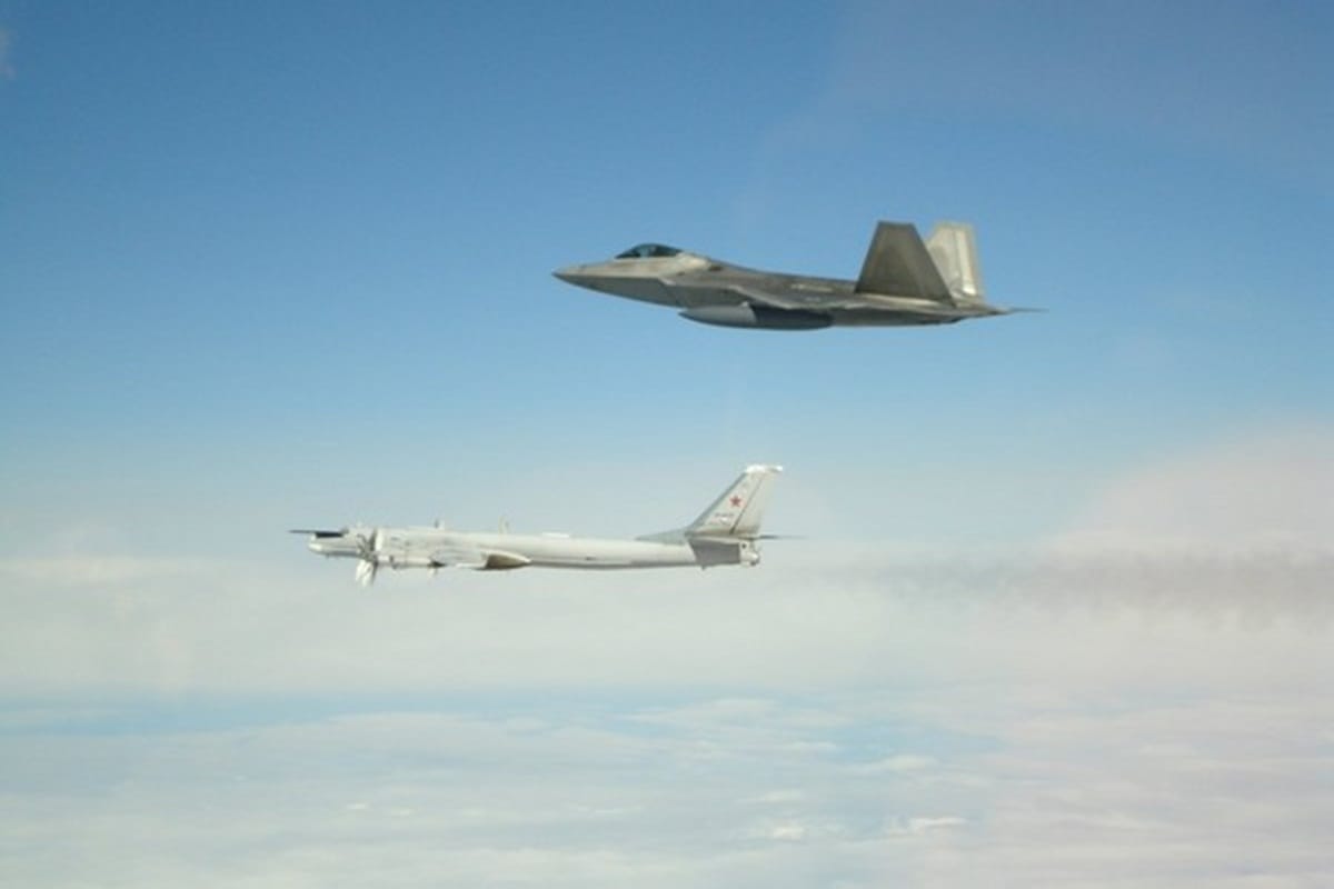 North american aerospace defence command f 22 intercepts two russian maritime patrol aircraft off alaska