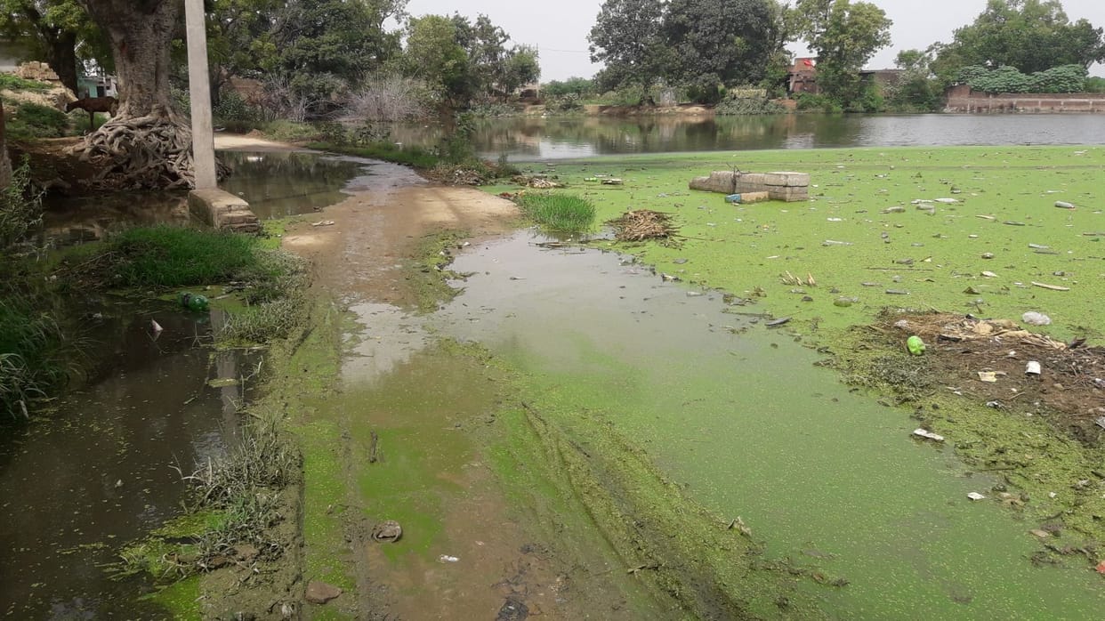 Lake water flowing on the road in Makrandanagar Basha