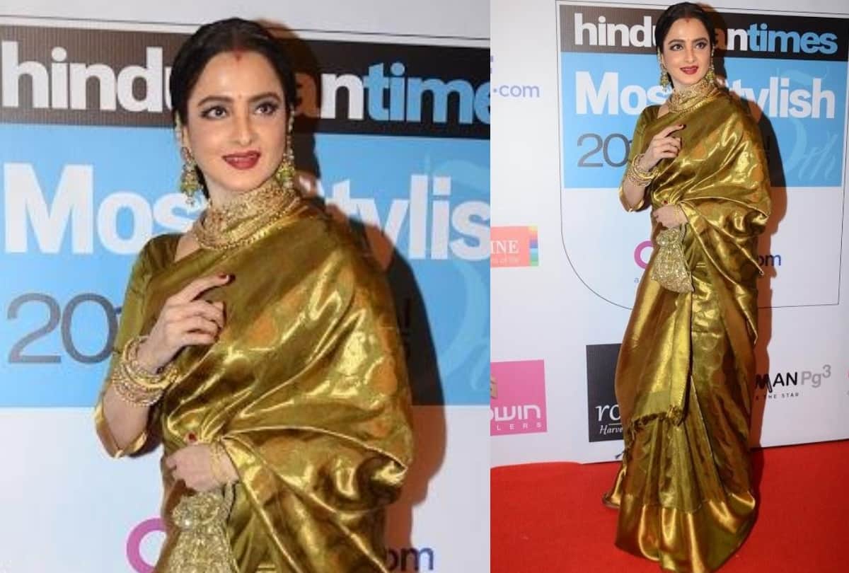 bollywood actress rekha birthday best look in silk saree heavy jewellery and red lips