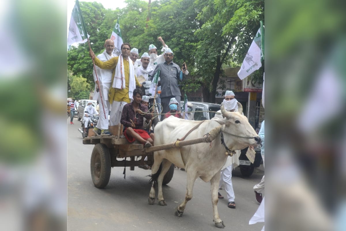 Rallod protests against the increased diesel prices by keeping the bike on the bullock cart
