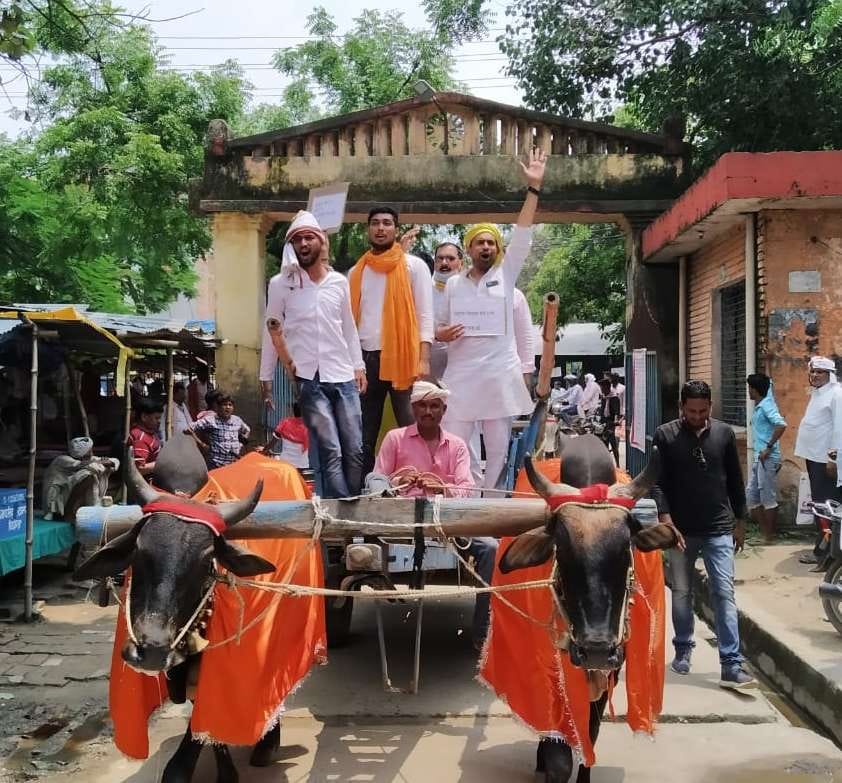Bhaspa activists protested against price hike of petrol diesel by touring on  bullock cart