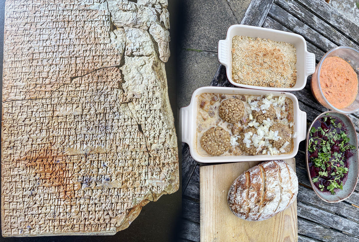 professor cooks ancient Mesopotamian dishes using recipe written on the tablet