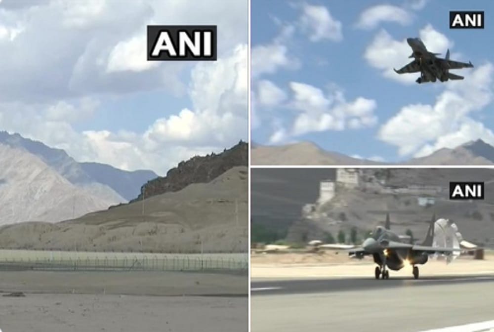 IAF Su-30MKI and MiG-29 fighter aircraft carrying out air operations at a forward airbase near India-China border