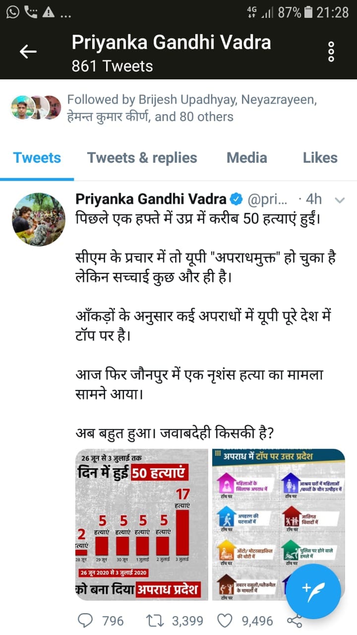 Priyanka's tweet on killing of school manager in Jaunpur