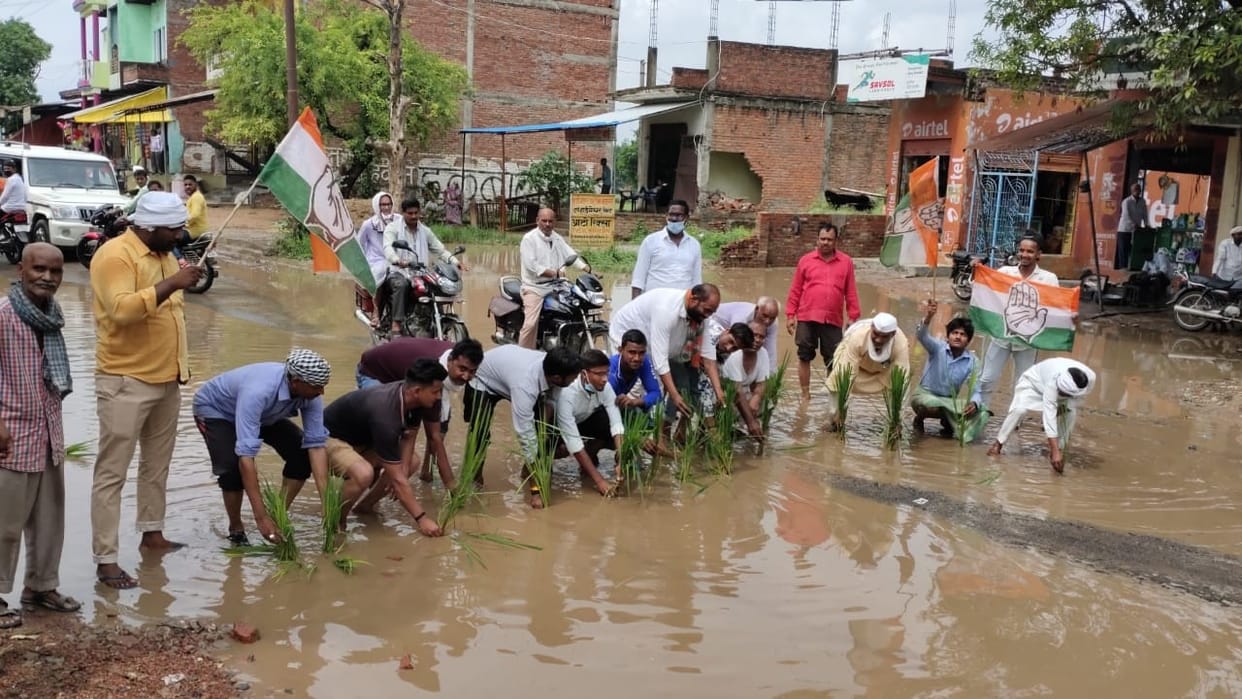 sadak par dhaan kee ropaee kar kiya pradarshan