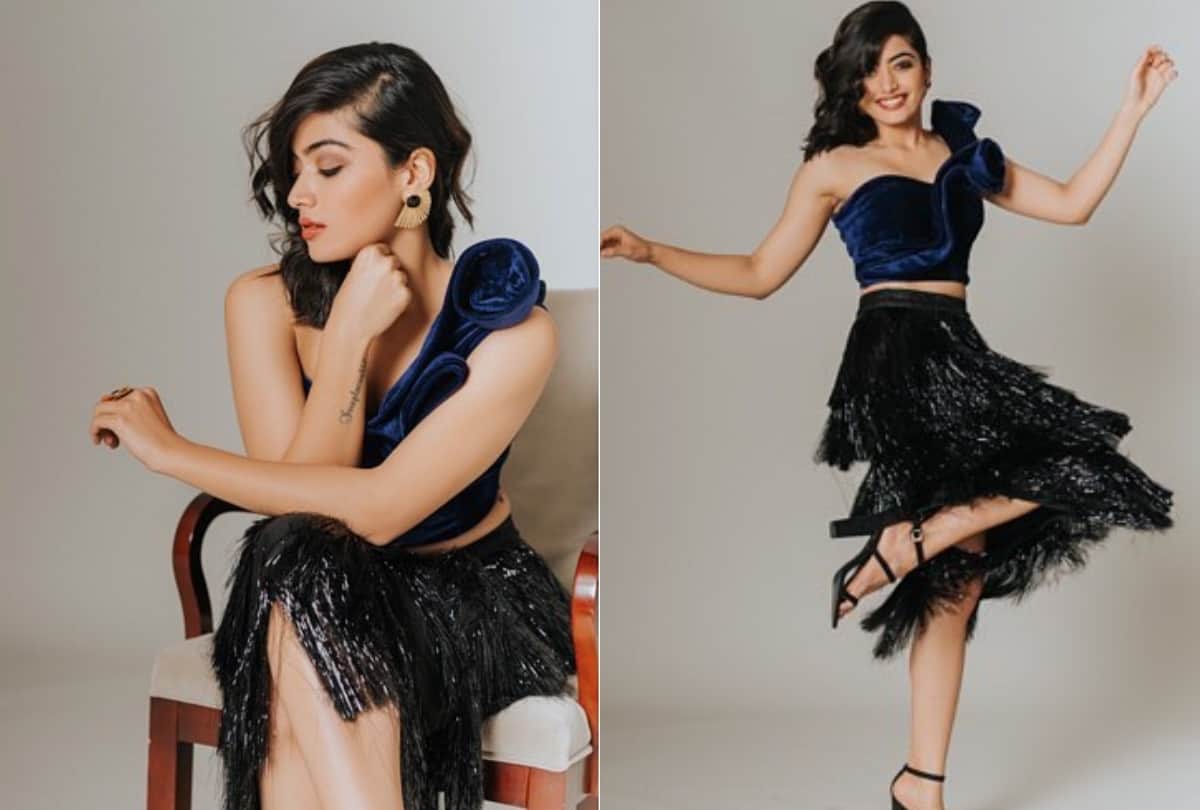 south actress rashmika mandanna summer cool look in blue denim shorts with oversized shirt