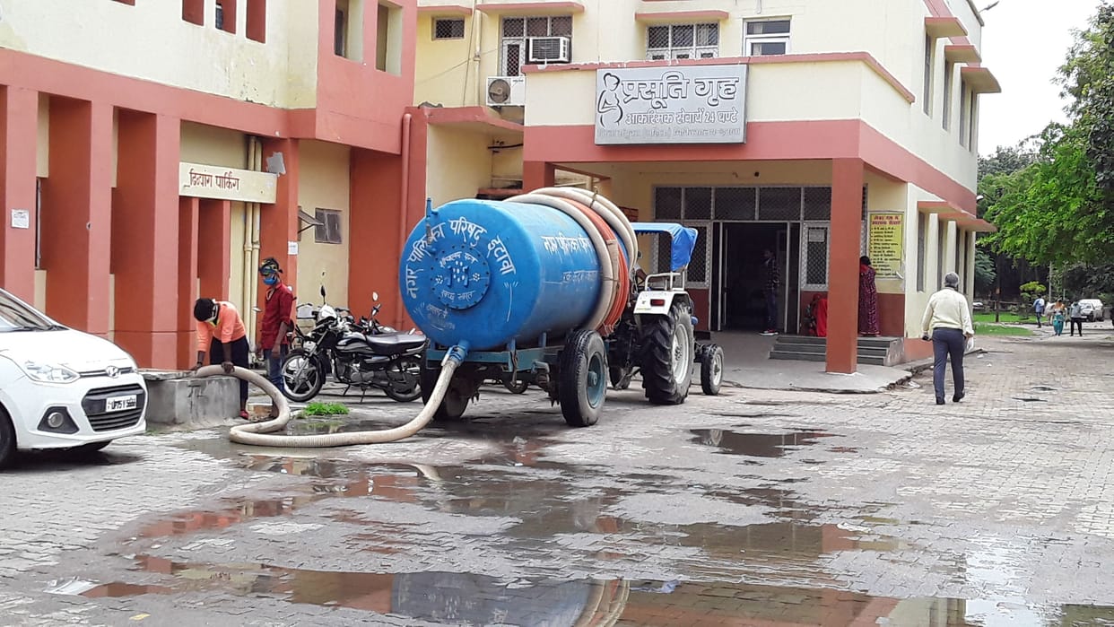 Waterlogging in the district hospital campus due to rain