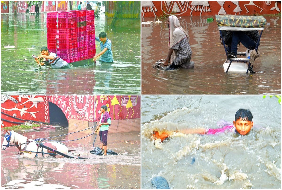 water logging on the roads in mathura after heavy rain