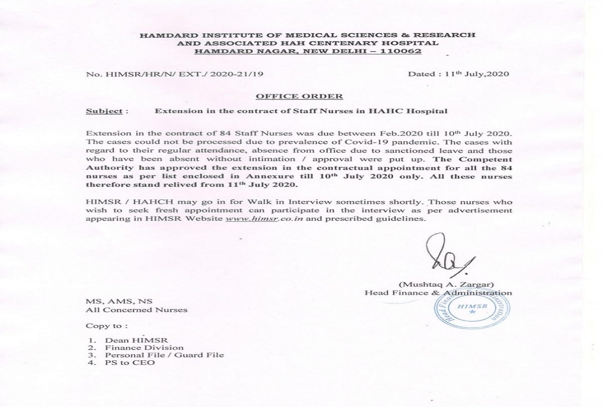 HAHC hospital inside Jamia Hamdard University terminated 84 contract nurses without prior notice