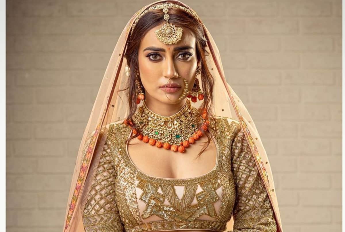 tv actress surbhi jyoti mesmerizing in peach lehenga of bridal photoshoot