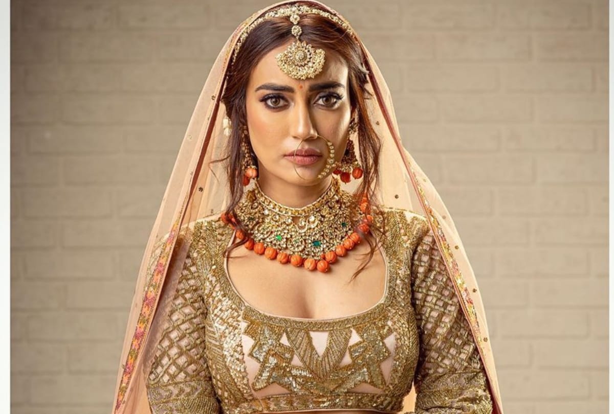 tv actress surbhi jyoti mesmerizing in peach lehenga of bridal photoshoot