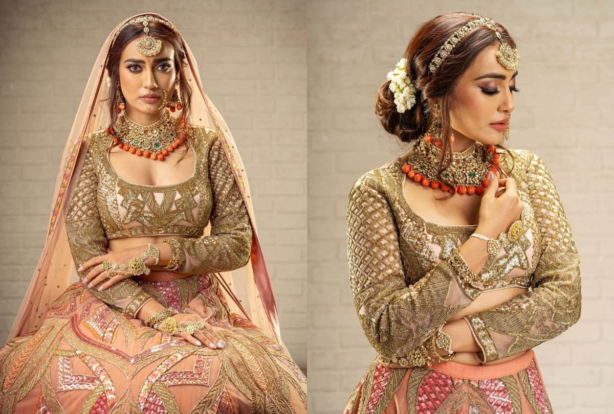 tv actress surbhi jyoti mesmerizing in peach lehenga of bridal photoshoot