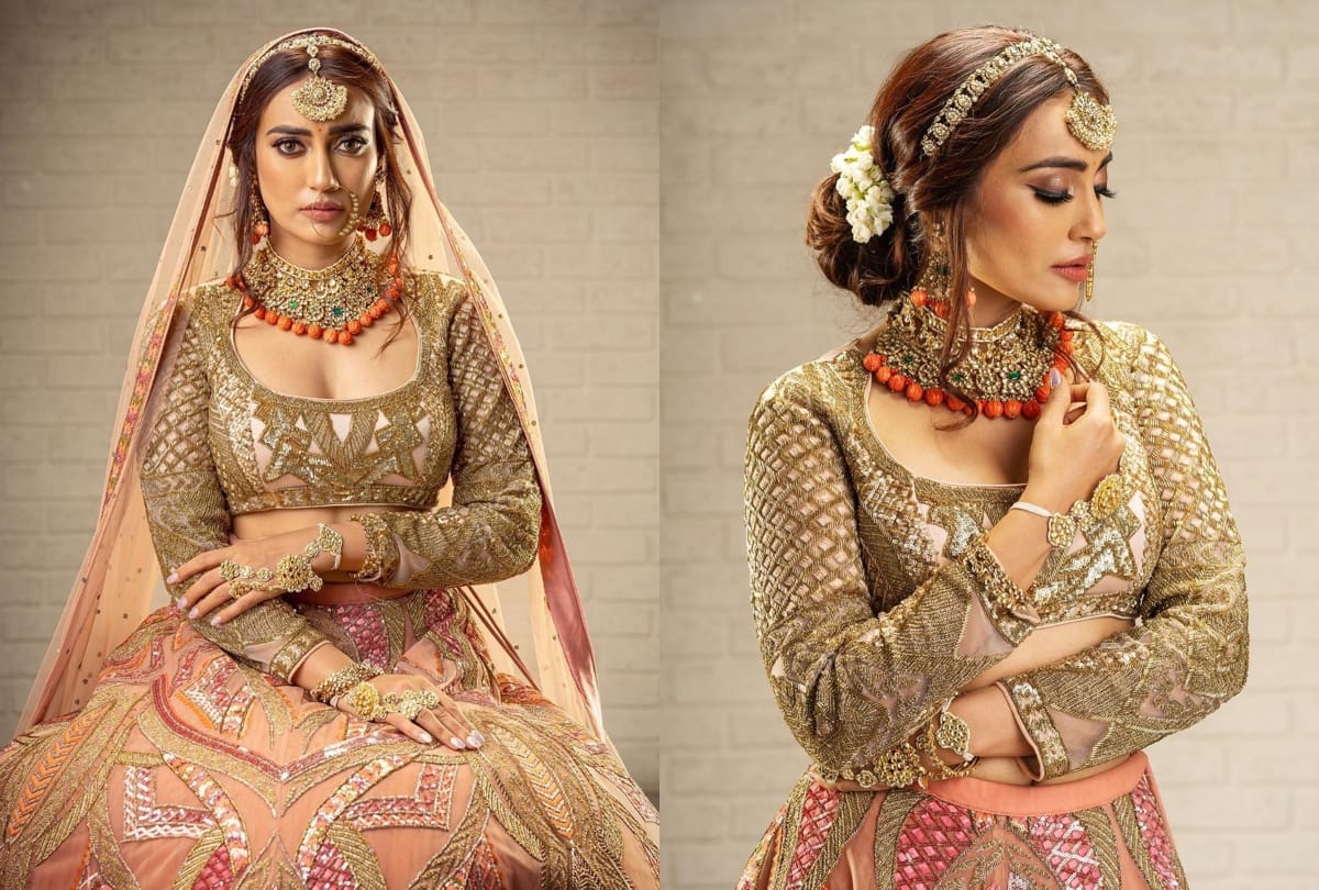 tv actress surbhi jyoti mesmerizing in peach lehenga of bridal photoshoot