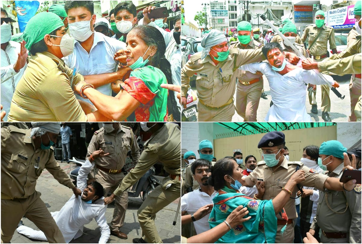 Police lathi-charge the congress leaders while protesting in agra