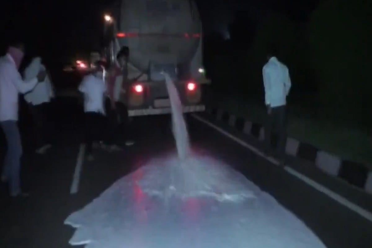 Maharashtra: Workers of Swabhimani Shetkari Sangathna spill milk on the streets of Sangli as a mark of protest