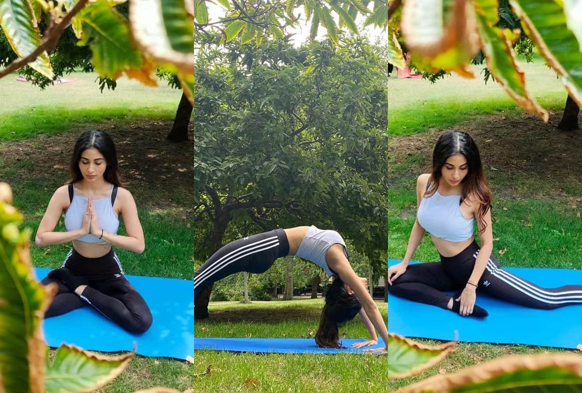 mouni roy pics latest doing yoga poses in garden glamorous look