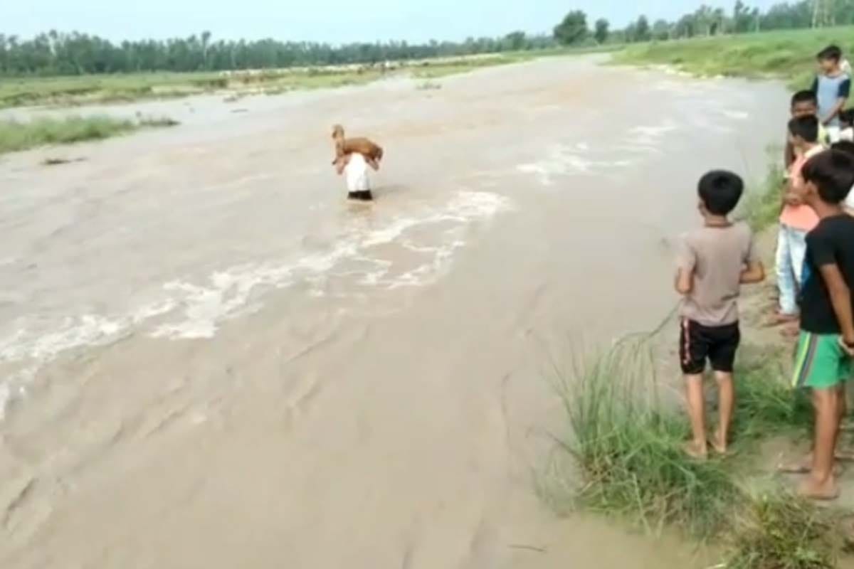 rainy rivers in spate in saharanpur, people seen on the river carrying bikes and goats on their shoulders
