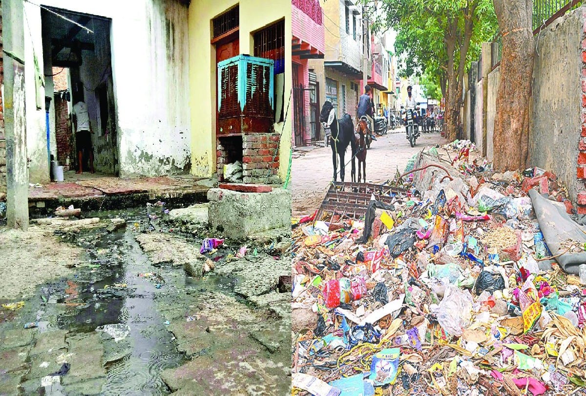 litter pile on the road and sewer overflow in agra