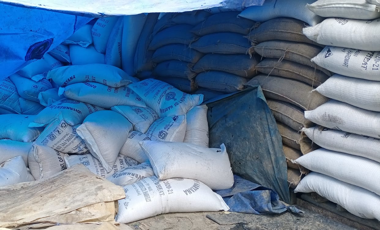 Two laborers buried under the sack of wheat sacks
