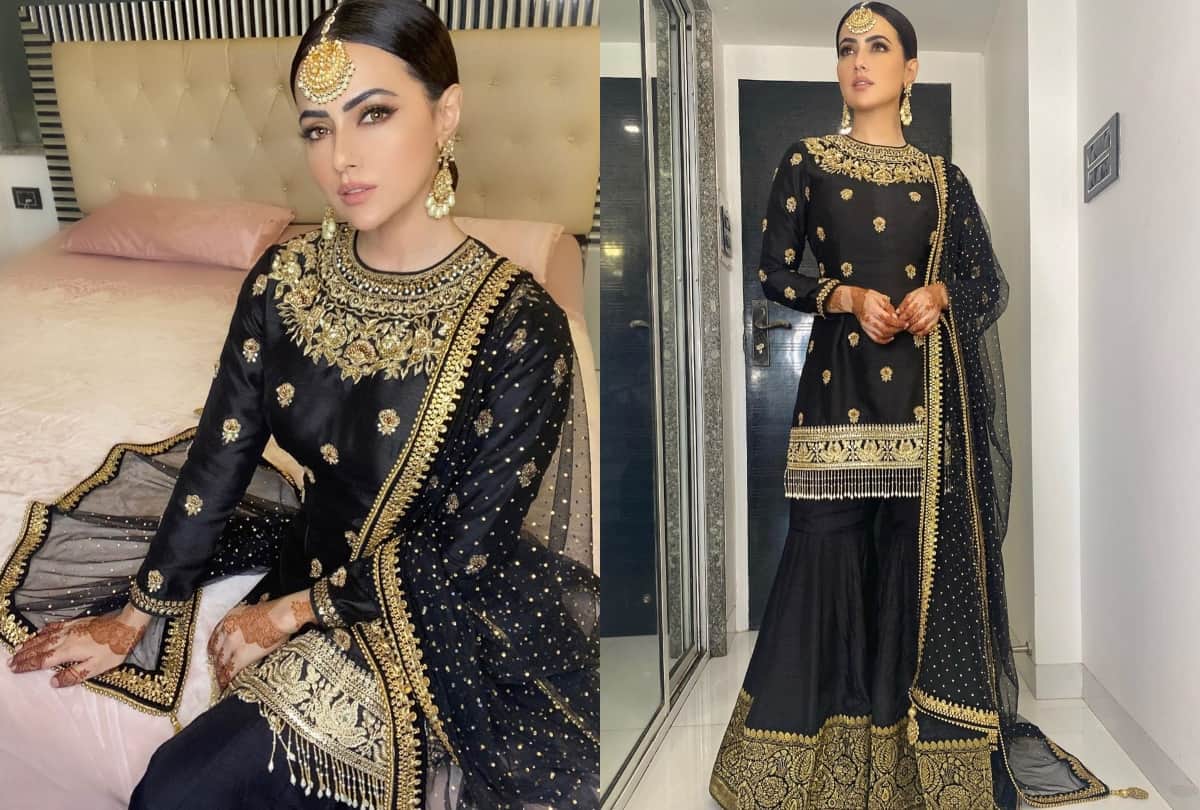 sana khan pose in black sharara perfect for your friend wedding