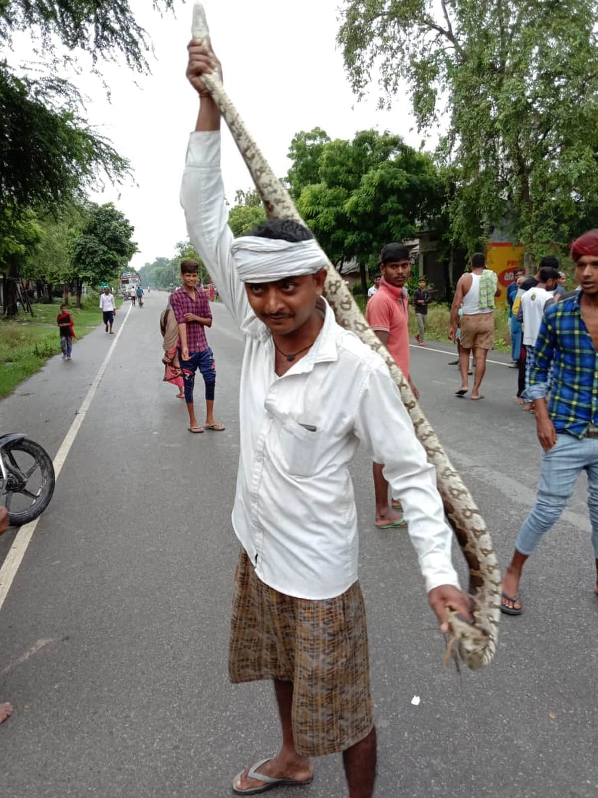 Drunk man wandered around putting python on his shoulder in azamgarh up