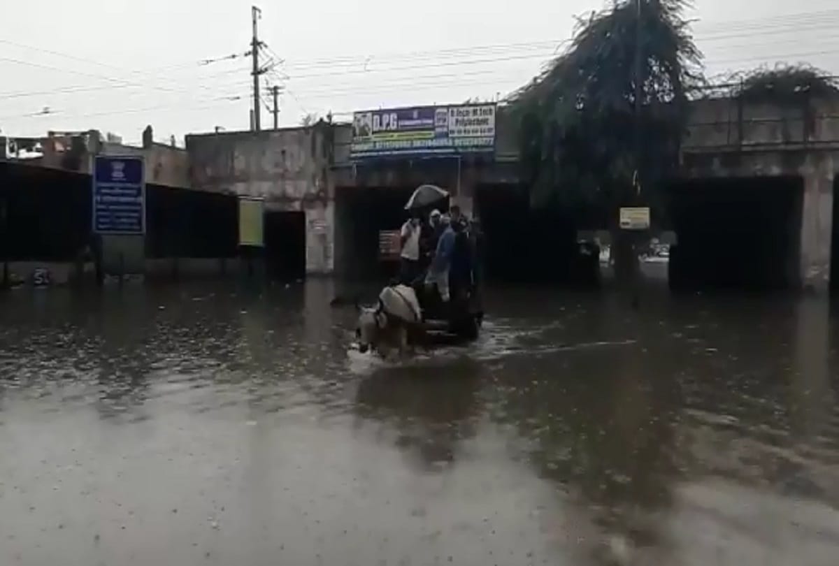 Delhi weather update today tughlaqabad under pass water logging people crossing by bullock cart fall in water video viral