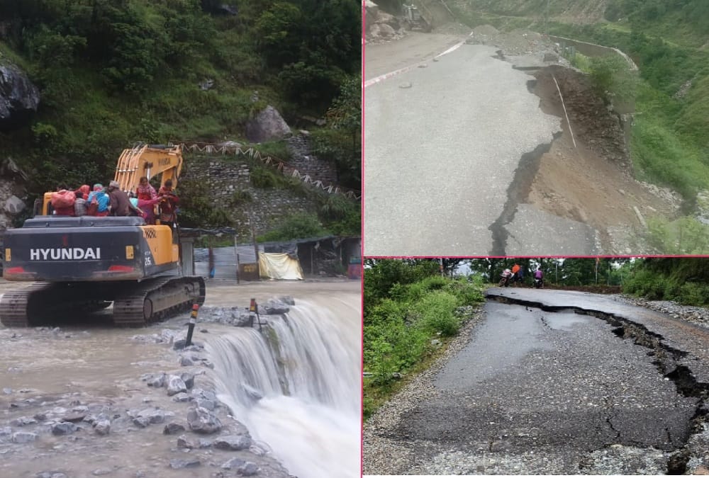 Weather Today Forecast Report Uttarakhand: Pusta Collapsed on Badrinath Highway, People cross overflow Drain sitting on jcb