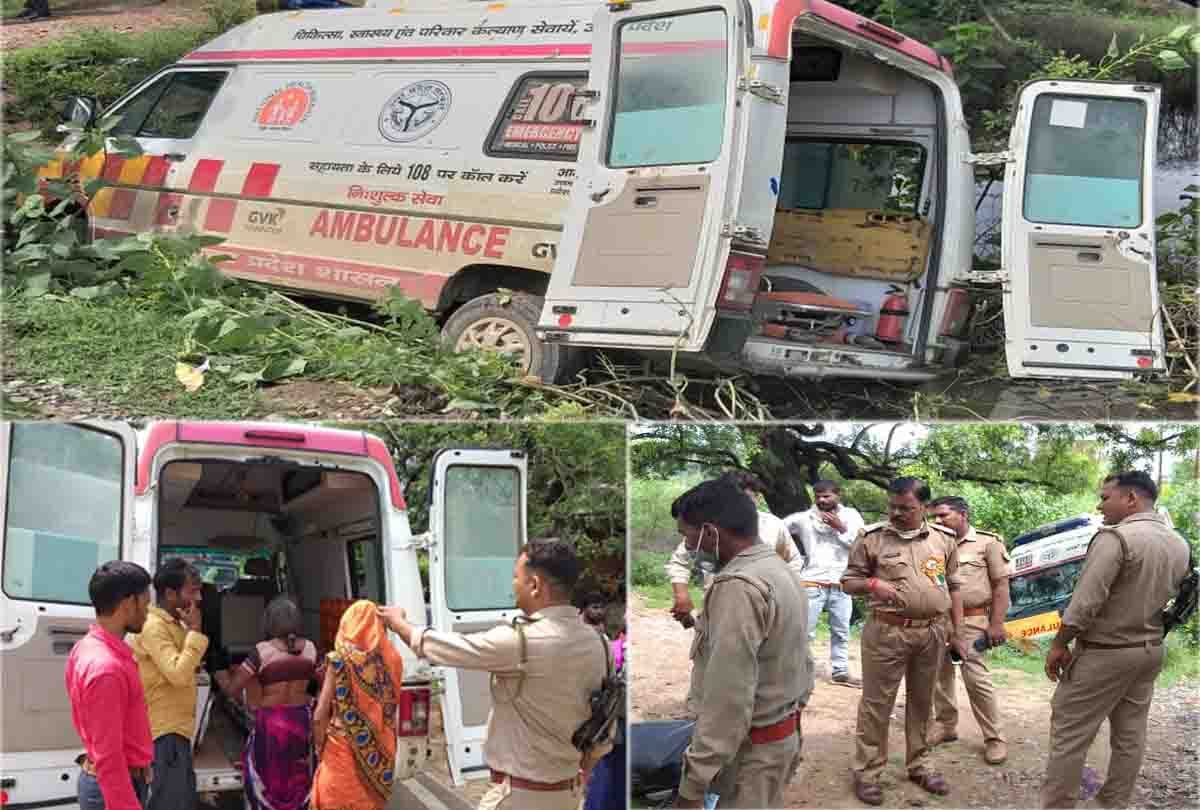Ambulance overturns two people injured in jalaun