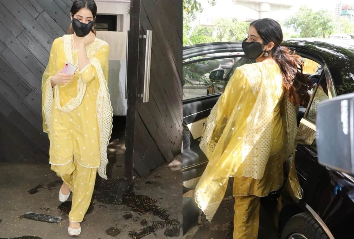 janhvi kapoor spot in yellow kurta once again with khushi kapoor outside of arjun kapoor house