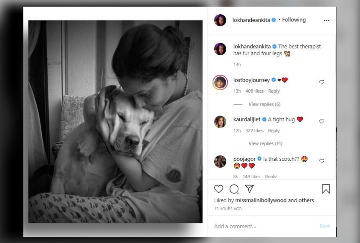 ankita lokhande her pet dog photo says The best therapist has fur and four legs