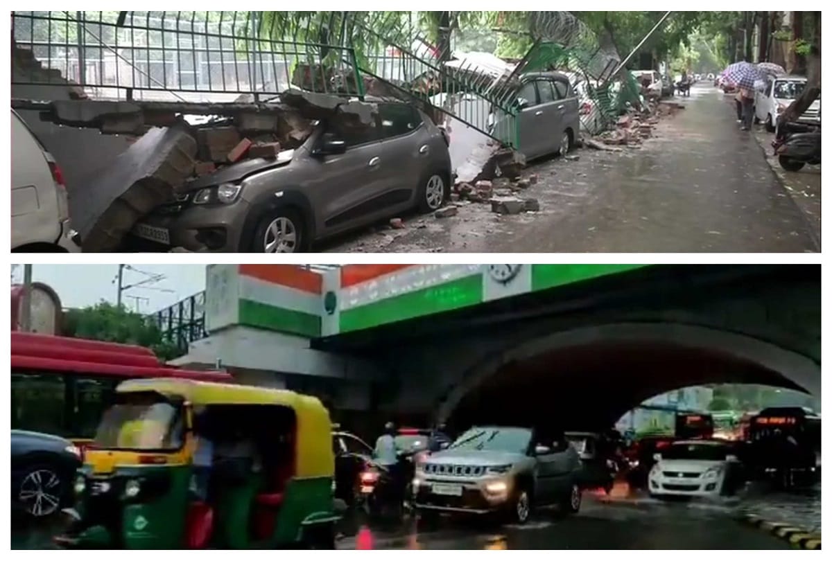 Delhi rains building collapse in nangloi in saket school wall collapse on cars standing beside it no water logging at minto bridge