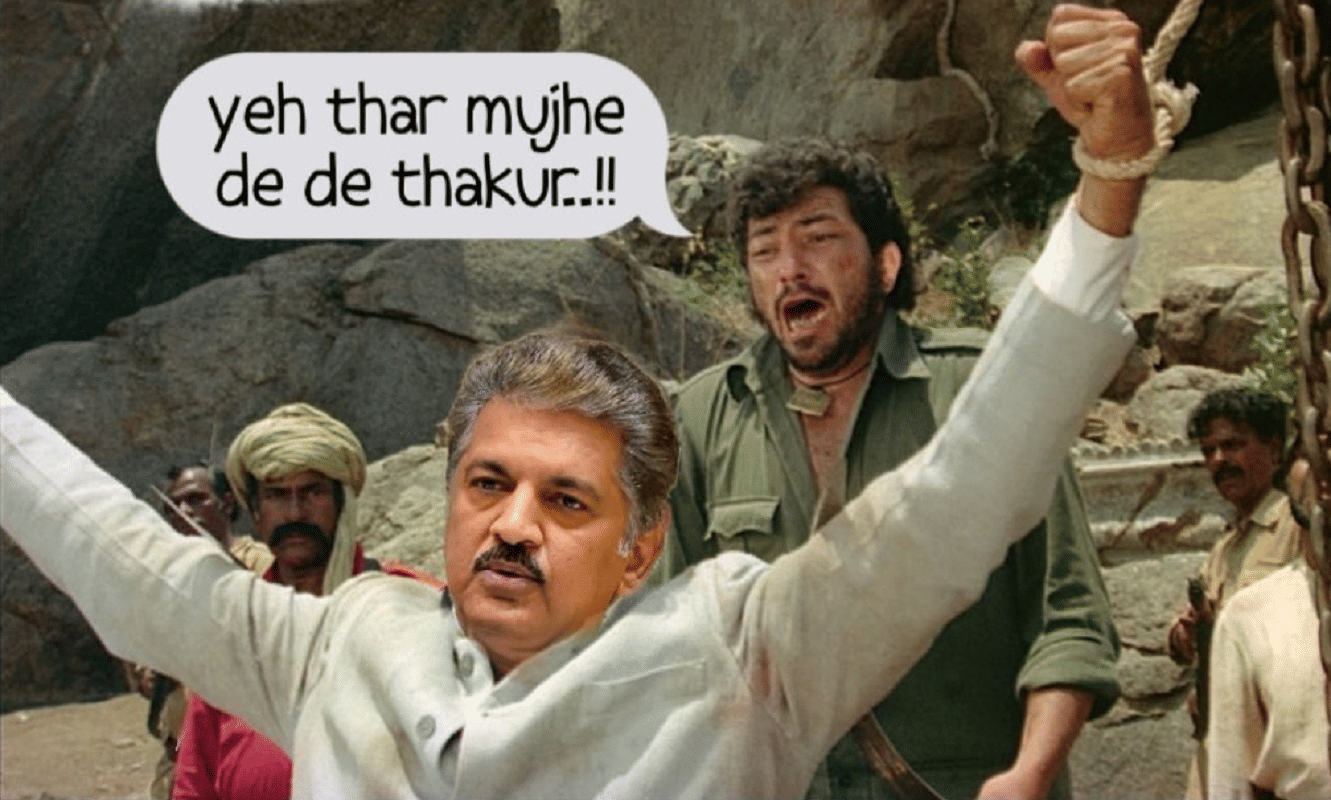 mahindra thar suv fans share meme inspired from film Sholay Mahindra chairman anand mahindra impressed