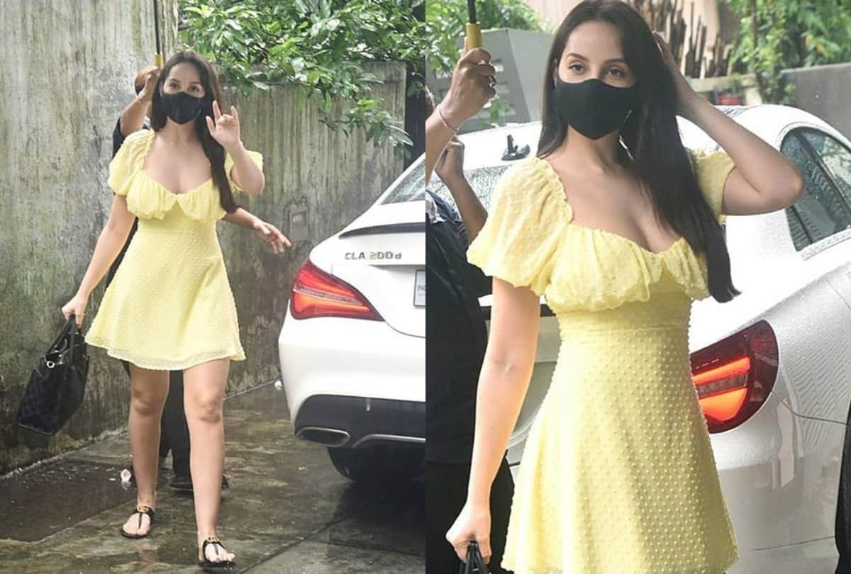 nora fatehi spot in perfect summer short yellow dress and other cold shoulder orange dress