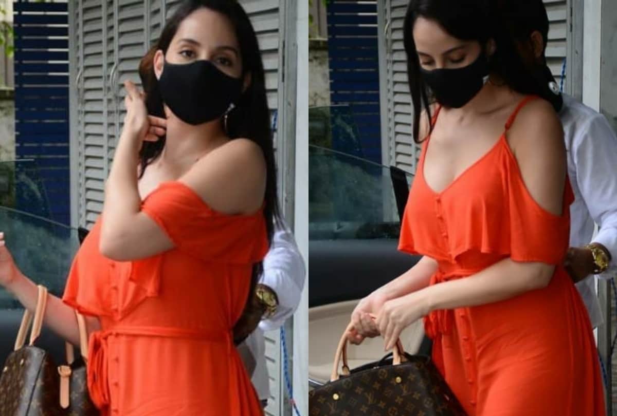 nora fatehi spot in perfect summer short yellow dress and other cold shoulder orange dress