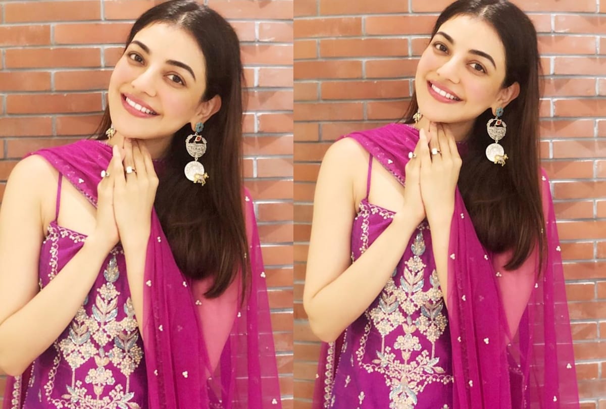 kajal aggarwal pink violet sharara in ganesh puja