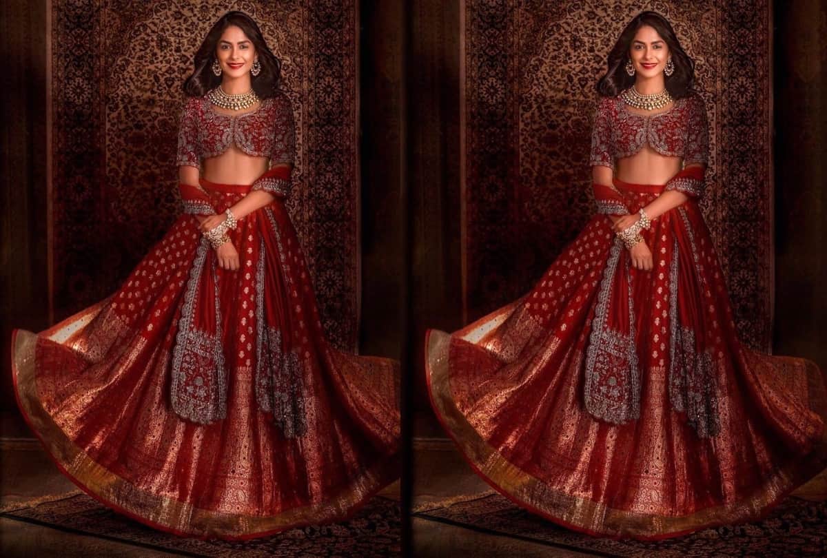 mrunal thakur look ravishing in red banarasi lehenga for latest photoshoot