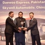 Pakistan's minister of Science and Technology during the signing of the deal between Daewoo Express and Skywell Automobile