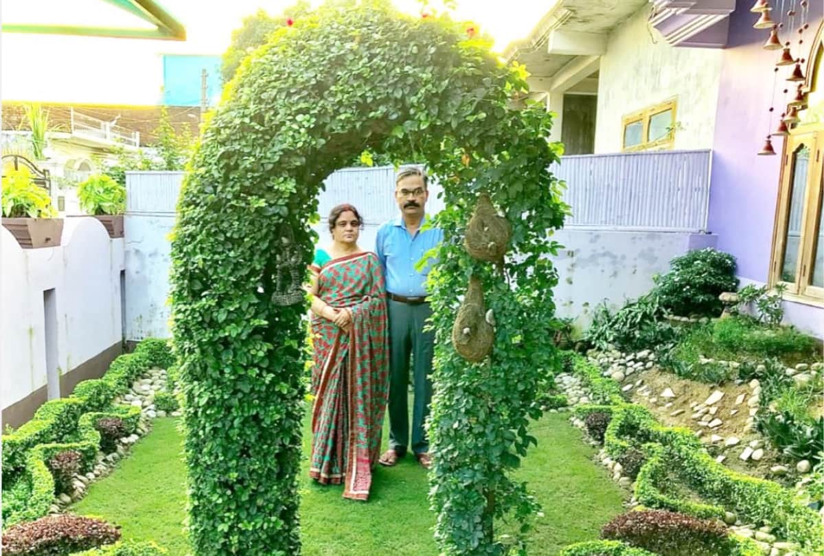 Doctor Arun Rai and Vishwamitra Bhatt serving nature gardening made rock garden in lawn