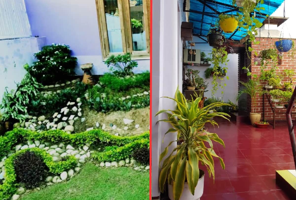 Doctor Arun Rai and Vishwamitra Bhatt serving nature gardening made rock garden in lawn