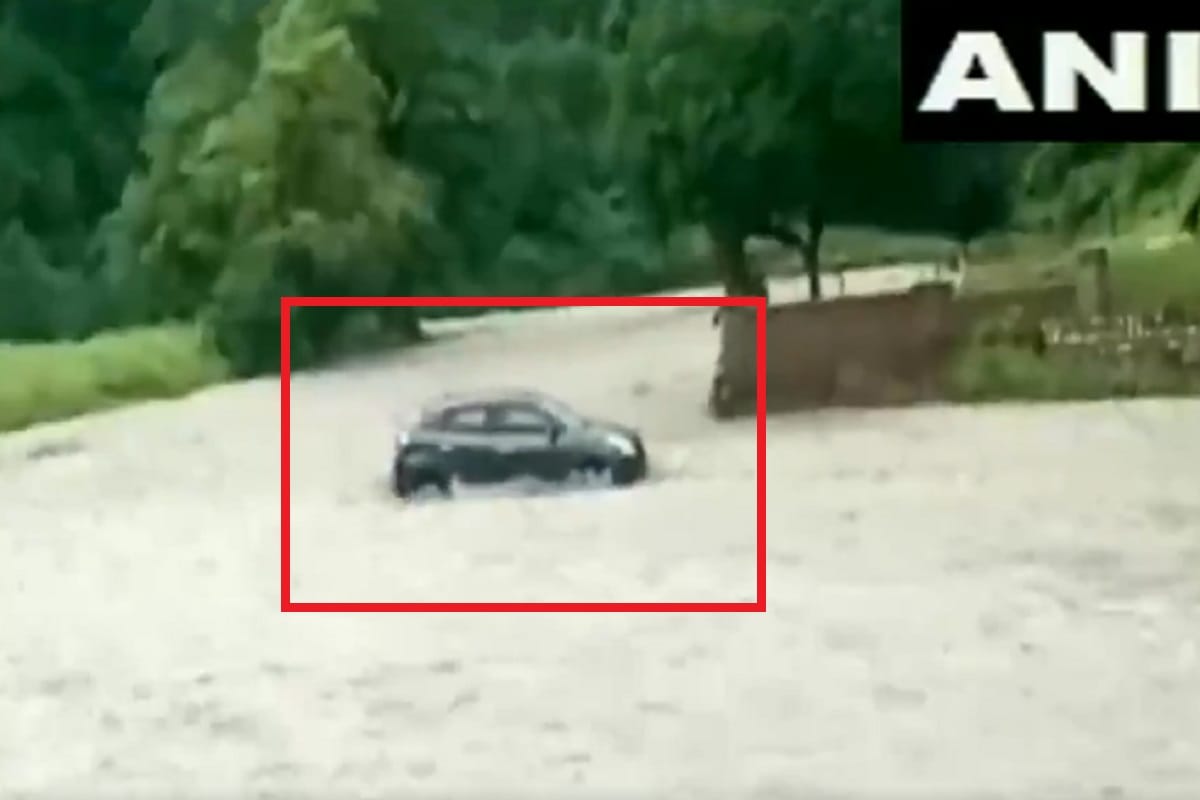 A car washes away in flash flood near Shakumbhari Devi Temple at Saharanpur of Uttar Pradesh
