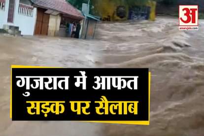 Rainwater flows on streets in a village under Rapar Tehsil in Kutch, Gujarat following heavy rainfall.
