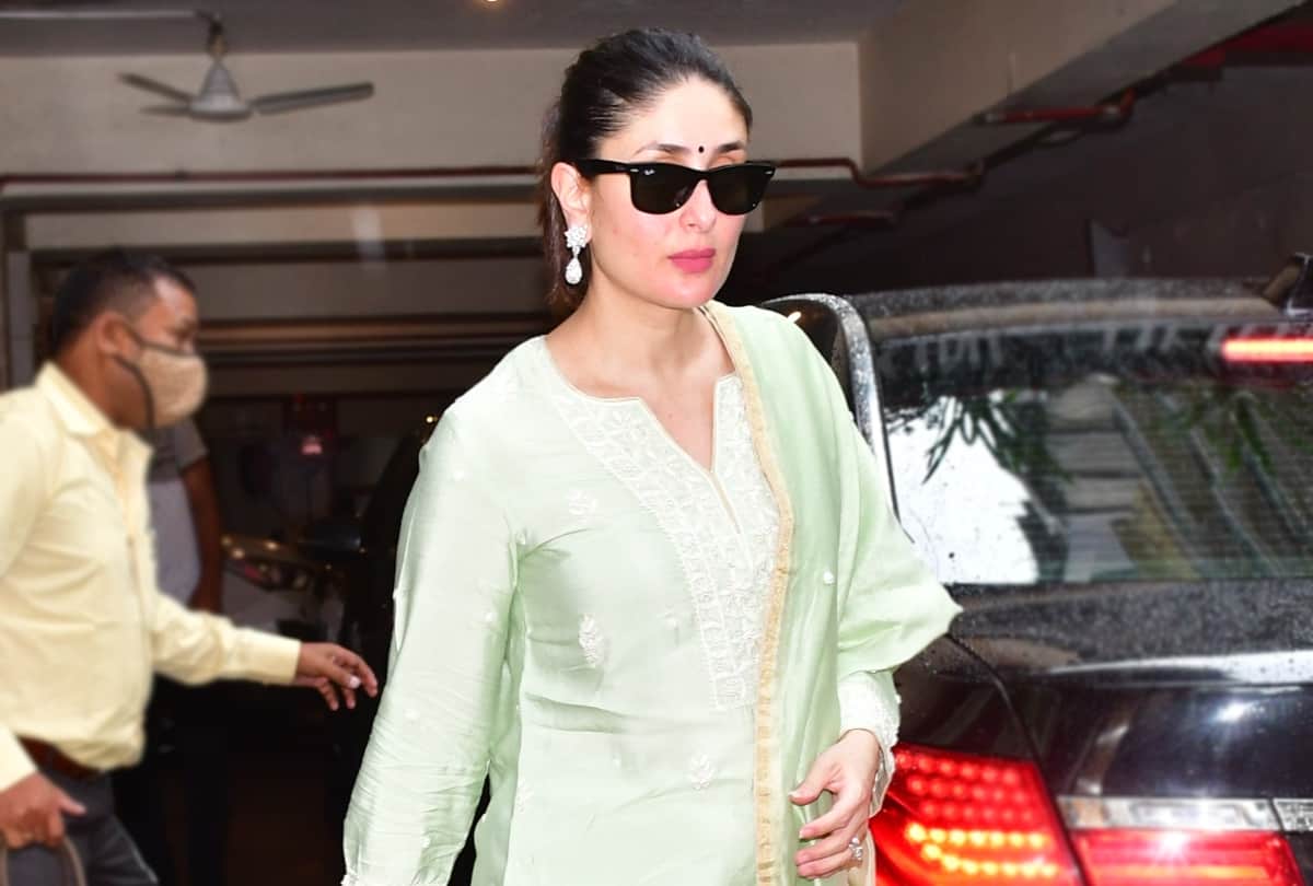 pregnancy glow on kareena kapoor face with pastel pink masaba gupta anarkali kurta