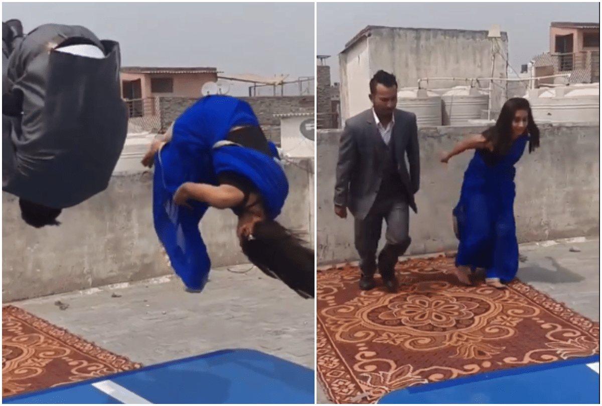 fitness model gir doing backflip in saree video goes viral